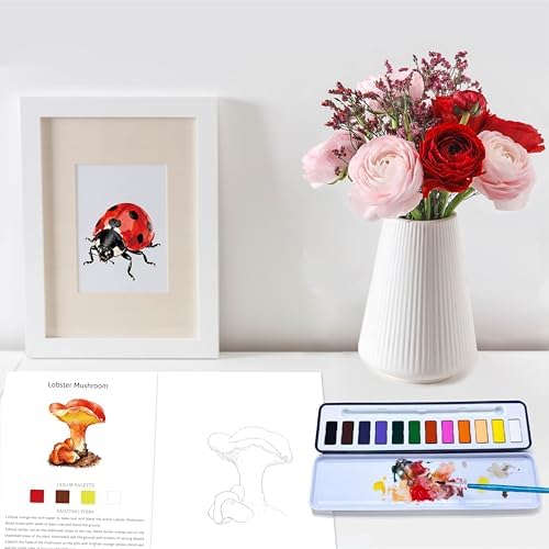 CraftyManor 2Pcs Watercolor Workbook Creative Water Color Paint Book Set with Paints & Brush, 12 Patterns of Original DIY Designs, Beginner-Friendly Adult Coloring Books (Insect & Mushroom) - Image 6