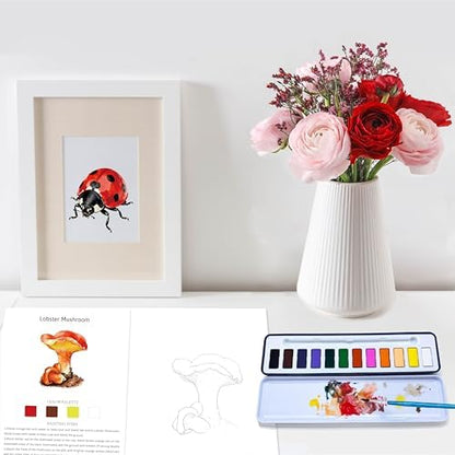 CraftyManor 2Pcs Watercolor Workbook Creative Water Color Paint Book Set with Paints & Brush, 12 Patterns of Original DIY Designs, Beginner-Friendly Adult Coloring Books (Insect & Mushroom) - Image 6
