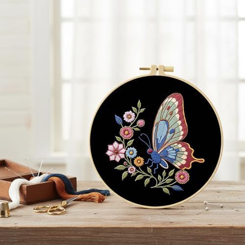 FRANDEK DIY Flower Butterfly Stamped Embroidery Kit with Hoop for Adults - Image 2