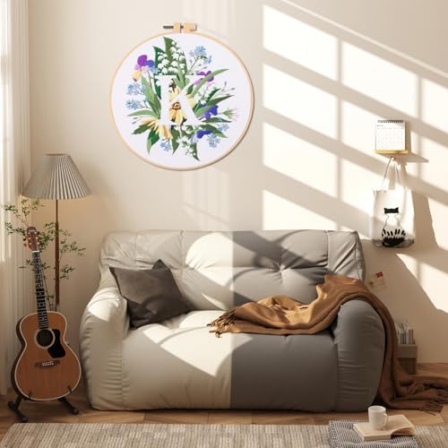 IUHUI Embroidery Kit for Beginners Adults - 26 Floral Letters Easy Patterns, DIY Hand Stitching Embroidery Set with Hoop (Flower and Grass Letter K) - Image 3