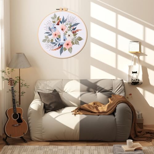 IUHUI Embroidery Kit for Beginners Adults - 26 Floral Letters Easy Patterns, DIY Hand Stitching Embroidery Set with Hoop (Flower and Grass Letter Y) - Image 2