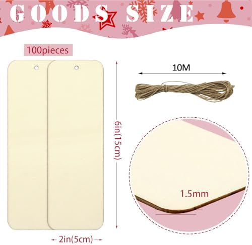 100 Sets 6 x 2 Inch Wooden Bookmarks with Holes and 10M Ropes - Image 2