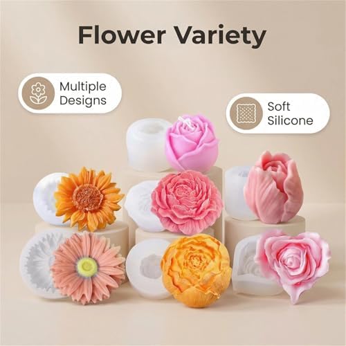 9Pcs Flower Silicone Molds for Candle Making 3D Sunflower Rose Peony Daisy Shape Silicone Soap Molds for DIY Home Decor Handmade Gift (9PCS Flower Mold Set) - Image 3