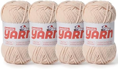 4 Pack Plush Chunky Chenille Yarn for Crocheting, Soft Fluffy Velvet Yarn for Crocheting Amigurumi, Fuzzy Baby Blanket Knitting 400g/524yds Bulky(4 Beige) by Sekafris