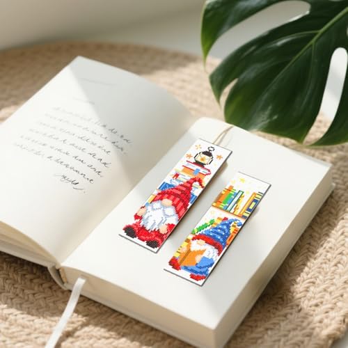 FREEBLOSS 6 Set Cross Stitch Bookmark Kit 11 CT Stamped Cross Stitch Kit DIY Embroidery Bookmark Kits for Adult Beginners with Instructions, Gnome Pattern, 6 x 20 cm/8" x 2.4" - Image 6