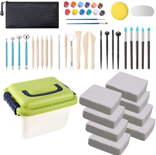 10 lb White Natural Air-Dry Clay + 30 pcs Pottery Tools + Storage Box,Ideal for Wheel Throwing,Hand Building,Sculpting;Great for All Skill Levels;Whiteware Clay for Pottery (White 10LB) by WABAFL