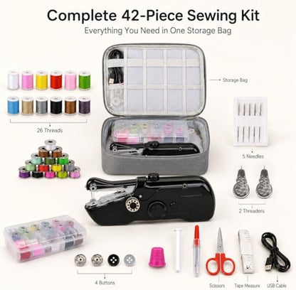 Handheld Sewing Machine for Beginners Adults, Portable Hand Sewing Machine with 42-Piece Kit & Storage Bag, Mini Cordless Electric Stitching Mending Machine, Dual Power Battery & USB, Home Travel DIY - Image 6