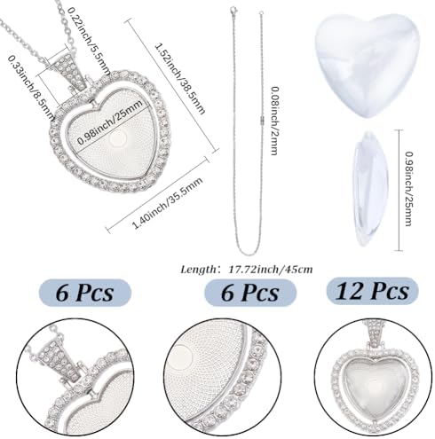 24Pcs 6 Sets Pendant Tray Set Heart Bezel Trays with Glass Cabochons and Chain Shiny Rhinestone Double Sided Rotatable Charm for Jewelry Making Supplies DIY Necklace Birthday Gift Adults - Image 2