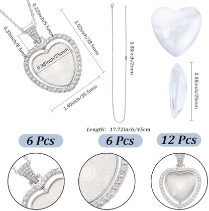 24Pcs 6 Sets Pendant Tray Set Heart Bezel Trays with Glass Cabochons and Chain Shiny Rhinestone Double Sided Rotatable Charm for Jewelry Making Supplies DIY Necklace Birthday Gift Adults - Image 2