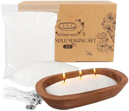 Wfmolcand 2 lb Natural Pearl Wax Sand DIY Set with Wooden Bowl & 20 Wicks, Unscented Aroma Beads, Reusable Pearled Candle Wax for DIY Home Kit, Powder Beads Refill Available by Wfmolcand