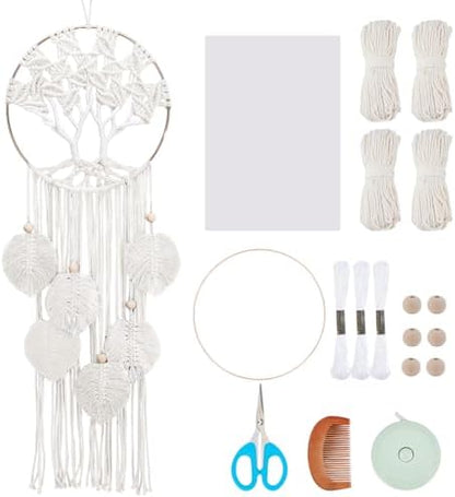 ACRNIGHEET Tree of Life Dream Catcher Macrame Kit for Adults Beginners Macrame Leave Wall Hanging Decor with Video Tutorials Handmade Woven Boho Home Decor for Bedroom Dorm Decoration(Beige Series) by ACRNIGHEET