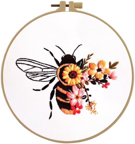 Esffaci Embroidery Starter Kit for Adult Beginner with Bee Pattern Hand Embroidery Set with Embroidery Cloth Hoop Needle Threader Embroidery Floss and Instruction by Esffaci