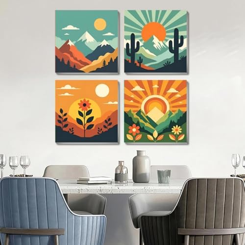4 Pack Framed Paint by Numbers Kit for for All Ages Adults & Beginner and Kids, Easy Sunset Landscape Paint by Number with Canvas Paints Brushes, Acrylic Oil Painting Arts Crafts for Decor 8 x 8 Inch - Image 4