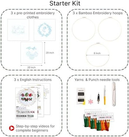 Looples Embroidery Kit for Beginners and Adults with Video Tutorials – DIY Starter Kit with 3 Stamped Floral Patterns, Hoops, Threads, Needles, and Instructions (Gnomes, Ornaments & Holiday Wreath) - Image 2