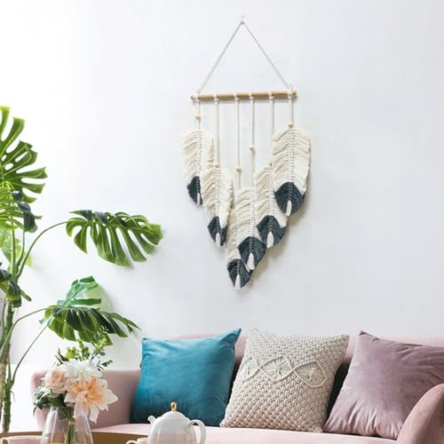 ORIGACH DIY Macrame Feather Wall Hanging Kit Boho White and Dark Gray Feather Tapestry Macrame Kit for Adults Beginner Handmade Rustic Macrame Feathers Leaf Wall Hanger Decor for Living Room Bedroom - Image 7