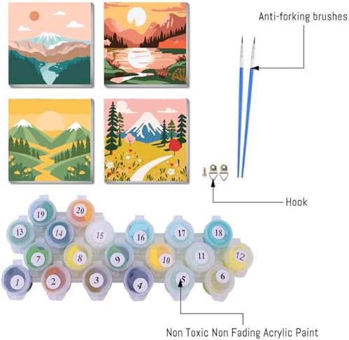 FQOVKYN 4 Packs Paint by Numbers Kit for Adults with Frame, DIY Landscape Adult's Paint by Number on Canvas, Mountain Oil Painting Kits for Home Wall Decor 8x8 Inch - Image 3