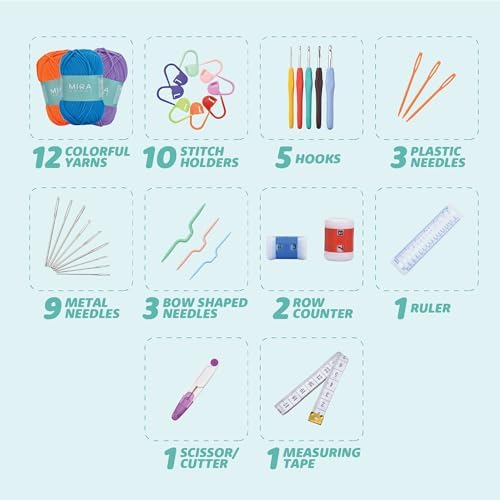 Mira HandCrafts Crochet Kit for Beginners - Essentials Set with 12 Acrylic Yarn Skeins and Other Knitting Accessories, Including Ruler, Hooks, Needles, Stitch Holders, Row Counters, Measuring Tape - Image 2