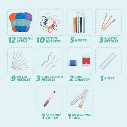 Mira HandCrafts Crochet Kit for Beginners - Essentials Set with 12 Acrylic Yarn Skeins and Other Knitting Accessories, Including Ruler, Hooks, Needles, Stitch Holders, Row Counters, Measuring Tape - Image 2