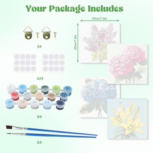 Lxmsja 4 Pack Subtle Flora Paint by Numbers Kit for Adults, Easy Framed Paint by Numbers for Adults Beginner, DIY Acrylic Oil Painting Craft Kits for Home Wall Decor 8x8 inch - Image 6