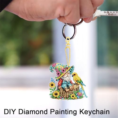 15 pcs Summer Theme Diamond Art Keychain Ornaments Double Sided 5D DIY Diamond Painting Keychain Kits for Adults Key Ring Art Pendant Decor (Gnome) - Image 6