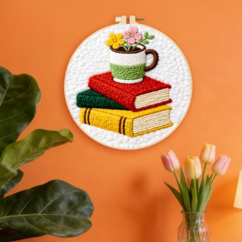 INFUNLY Books Flowers Punch Needle Kit for Beginners Floral Punch Needle Embroidery Kits for Adults 8.7''x8.7'' DIY Punch-Stitching Kit with Instruction Threader Needles Round Hoop for Wall Decor - Image 6
