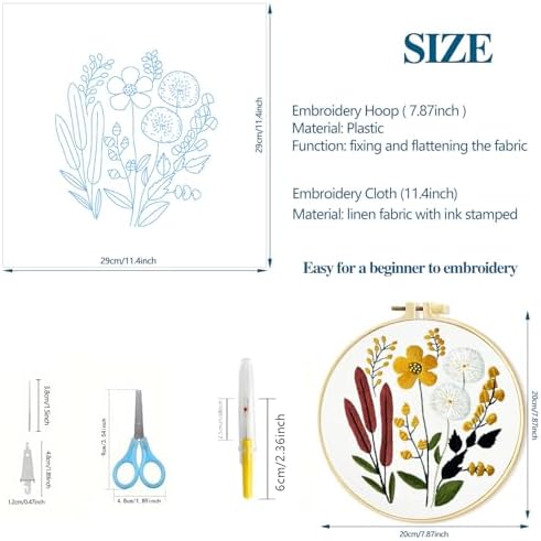 Zhenqing Floral Embroidery Kit - 4 Piece 29x29cm Round Hoop Art Set with Pre-Printed Cotton Fabric, Embroidery Hoop, Threads & Tools for Beginners (C0010) - Image 3