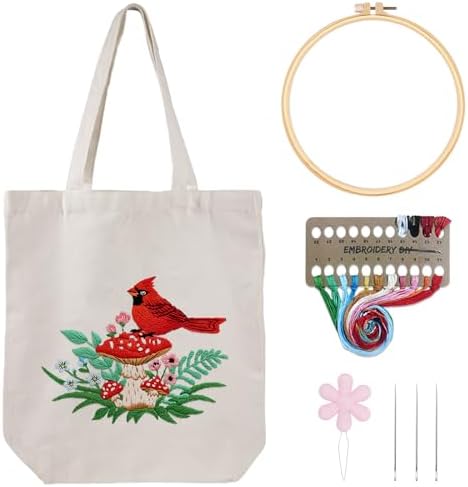 Louise Maelys Embroidery Kit, Cardinal Mushroom Canvas Tote Bag Craft Set by LouiseMaelys