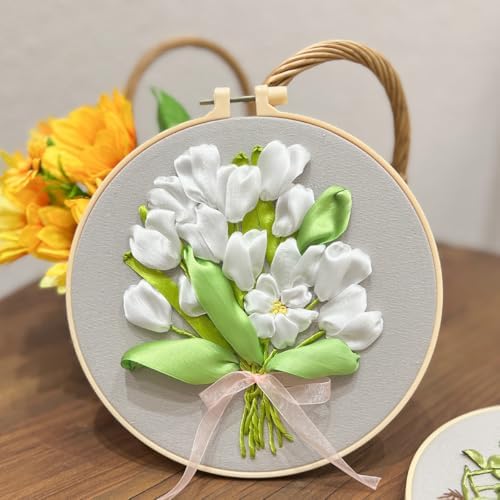 FONNUY Ribbon Embroidery 3D Flowers Pattern Design Kit Embroidery DIY Handwork Set Oval Home Decoration (White Tulip) - Image 5