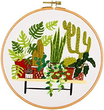 SUQUUB 3 Sets Embroidery Starter Kit with Pattern and Instructions,Cross Stitch Beginner Kits with Frame,3 Plastic Embroidery Hoops,3 Embroidery Clothes and Color Threads (3 X Plant Pattern)