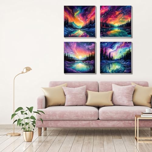 FQOVKYN 4 Pack Landscape Paint by Number for Adults Framed Canvas, DIY Aurora Arts and Crafts for Adults Beginner with Paint Brushes, Acrylic Paint Set for Home Wall Decor, 8 * 8 Inch - Image 4