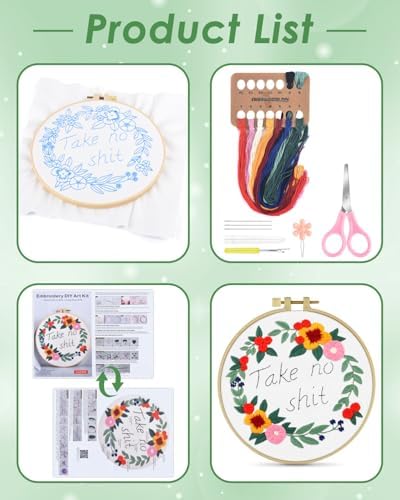 ERKOON Embroidery Kit for Beginners, Flower Cross Stitch Set for Include Embroidery Cloth Hoops Threads for Craft Lover Hand Stitch with Embroidery Skill Techniques (Happiness Wreath) - Image 2