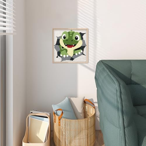 DOODLREAM Cute Dinosaur Needle Kit for Beginner, 9.4"x 9.4" Cartoon T-Rex Punch Stitching Craft Set, DIY Embroidery Starter with Printed Frame, Instruction, Threader, Yarn, Pinch Needle - Image 6