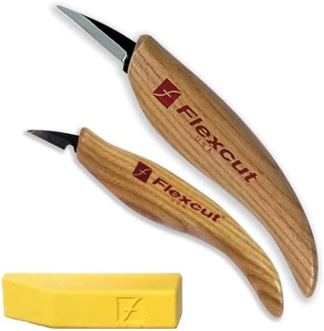 Flexcut Whittler’s Knife Kit (KN300) 2-Piece Set with KN13 & KN27 High-Carbon Steel Blades, Ergonomic Ash Wood Handles, Gold Polishing Compound, 5.2 oz, Made in USA by Flexcut