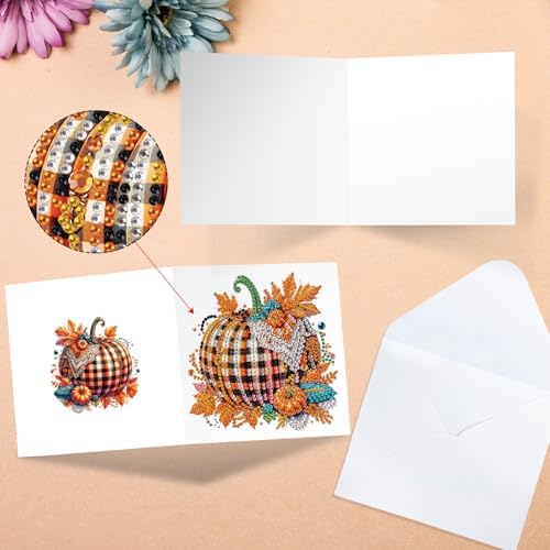 6-Pack Autumn Pumpkin Diamond Art Greeting Cards with Envelopes – DIY 5D Diamond Painting Kits for Adults, Creative Fall Thanksgiving Greeting Card Set, Rhinestone Craft Kits, Handmade Holiday Cards - Image 4