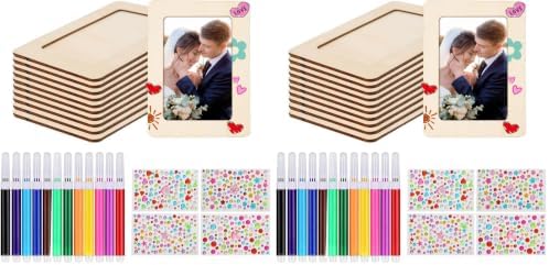 zjdbset Picture Frame Painting Craft Kit for 4 * 6 Photo,10Pcs DIY Unfinished Wooden Picture Frames with 12Pcs Painting Color Pen 4 Sheets Crystal Diamond Stickers for DIY Craft (Pack of 2) by zjdbset