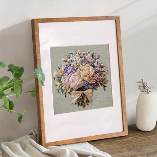FONNUY Bouquet Flowers Embroidery Kit for Beginners, Pre-Stamped Pattern Kits for Adults with Hoop, Easy to Follow Color Thread Needlework, 8'' Hoop (Timeless Elegance) - Image 3