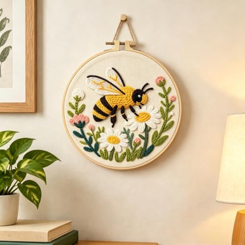 DIY Punch Needle Kits Yellow Bee in Flowers 20x20cm-3 - Image 3