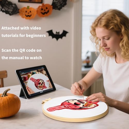 Halloween Punk Embroidery Kits for Beginners Adults, Blood Skull Embroidery Starter Kits, Halloween Cross Stitch Kits for Beginners Adults Hobbies for Women, Embroidery Fabric, Hoop and Video Tutorial - Image 2