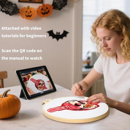 Halloween Punk Embroidery Kits for Beginners Adults, Blood Skull Embroidery Starter Kits, Halloween Cross Stitch Kits for Beginners Adults Hobbies for Women, Embroidery Fabric, Hoop and Video Tutorial - Image 2