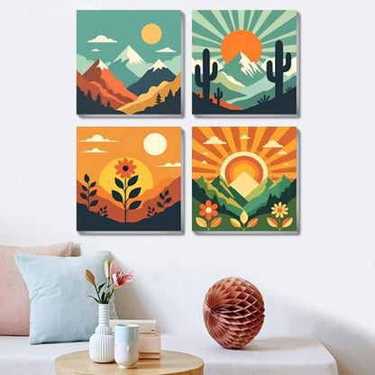 4 Pack Framed Paint by Numbers Kit for for All Ages Adults & Beginner and Kids, Easy Sunset Landscape Paint by Number with Canvas Paints Brushes, Acrylic Oil Painting Arts Crafts for Decor 8 x 8 Inch - Image 3