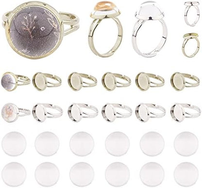 SUNNYCLUE 30Pcs 12mm Adjustable Cabochon Ring Settings with 30Pcs Round Glass Dome Cabochons Blank Finger Rings for DIY Ring Making Jewelry Making Supplies Adult Handmade Craft by SUNNYCLUE