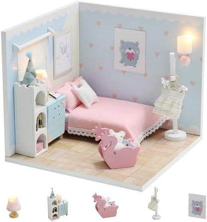 Kisoy Dollhouse Miniature with Furniture Kit, DIY 3D Wooden DIY House Kit A Corner of a Small Apartment Style with Dust Cover & LED,Handmade Tiny House Toys for Kids Adults Gift (Dream Room) by Kisoy