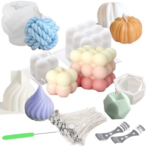 6pcs Silicone Candle Making Molds Kit Set, 3D Silicone Mold for Baking Desser, Soy Wax, Soap Geometric Pumpkin Shapes Yarn Ball Bubble Cube Molds DIY Scented Candle by Giliger