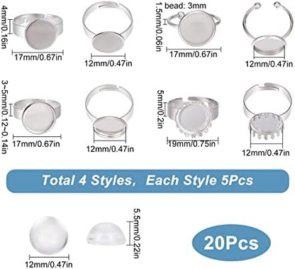 SUNNYCLUE 1 Box 40Pcs DIY 20 Sets Ring Bezel Blanks Stainless Steel Rings Blank Adjustable Finger Ring Base 12mm Tray Component Transparent Glass Dome Cabochons for Jewelry Making Kit Adult Craft - Image 2
