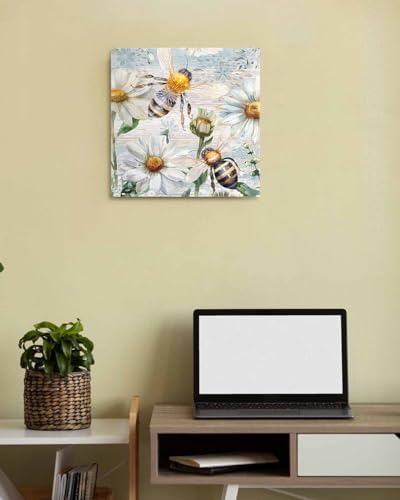 Sunteeny Paint by Number for Adults Beginner Bee Daisy Eucalyptus Floral Plants Rustic Blue Wood Grain DIY Digital Oil Painting by Numbers Picture Drawing On Canvas Framed 16"x16" - Image 2
