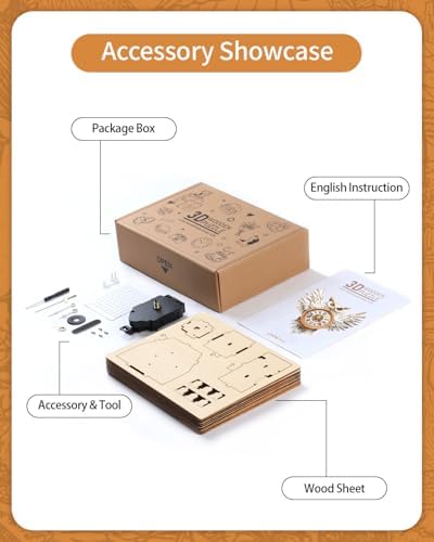 3D Wooden Puzzles for Adults Snowy Owl Design Clock Model Kit with Pendulum - Image 3