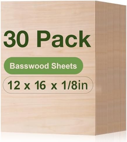 Rowood 30 Pack Plywood Basswood Sheets,12x16x1/8inch,3mm Basswood for Laser Cutting,Adult Craft Kits,Thin Plywood Board Unfinished Wood,DIY Ornaments and Architectural Model by RowoodAssembleArtDecorateLife