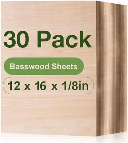 Rowood 30 Pack Plywood Basswood Sheets,12x16x1/8inch,3mm Basswood for Laser Cutting,Adult Craft Kits,Thin Plywood Board Unfinished Wood,DIY Ornaments and Architectural Model by RowoodAssembleArtDecorateLife
