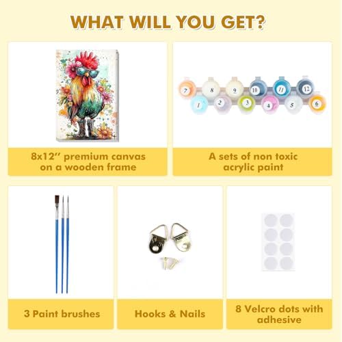 Bowetile Framed Paint by Numbers Chicken for Adults Beginners, Adults' Paint-by-Number Rooster Kits, Easy Adult Paint by Number Kits on Canvas, Acrylic Animals Number Painting for Home Decor, 8x12in - Image 6