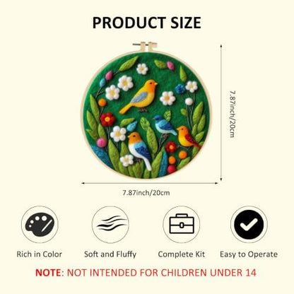 Zovylks Needle Felting Kit for Adults, 7.9 Inch Wool Felt Painting DIY Craft Set for Beginners, Needle Felt Starter Kit with Picture Frame, Foam Pad, Finger Cot (Colorful Birds) - Image 2
